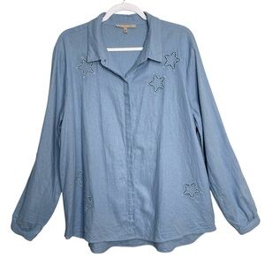 My Danielle Linen Stars Eyelet Button Up Shirt Blue Relaxed Long Sleeve Size XXL